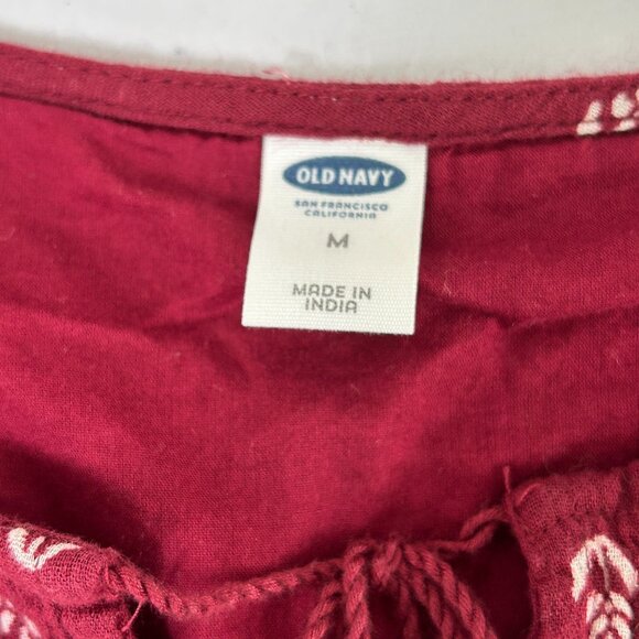Old Navy Gauze Dress Womens M Burgundy Embroidered Tasseled Flowy Boho Lagenlook - Picture 4 of 11